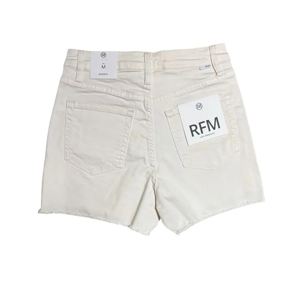 RFM Ivory High Rise Denim Shorts Tummy Control Frayed Step Hem Stretch Med NWT - Picture 11 of 11